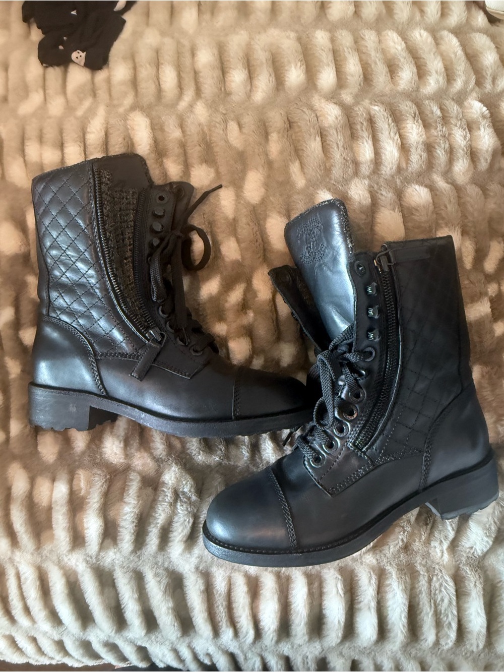 CHANEL Black Quilted Lace-Up Combat Boots with Side Zipper
